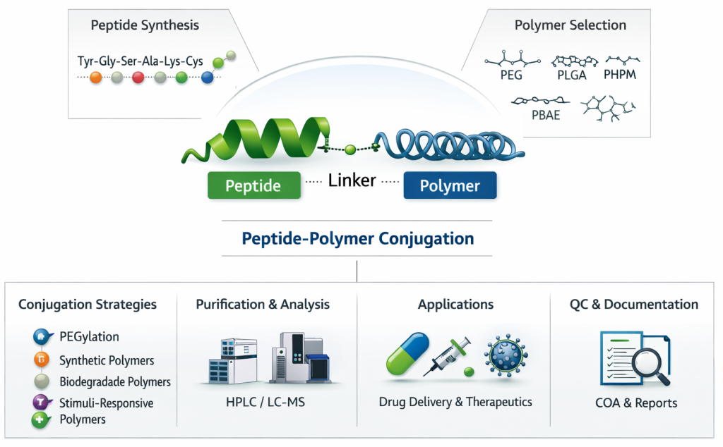 Peptide–polymer conjugation overview schematic
