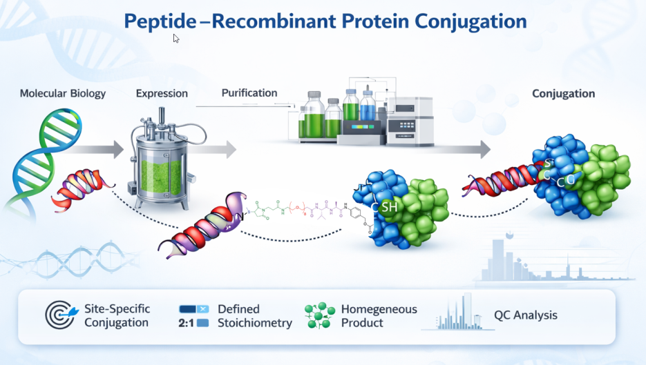 Workflow schematic of peptide–recombinant protein conjugation showing molecular biology, recombinant protein expression, purification, site-specific peptide attachment, and QC analysis.
