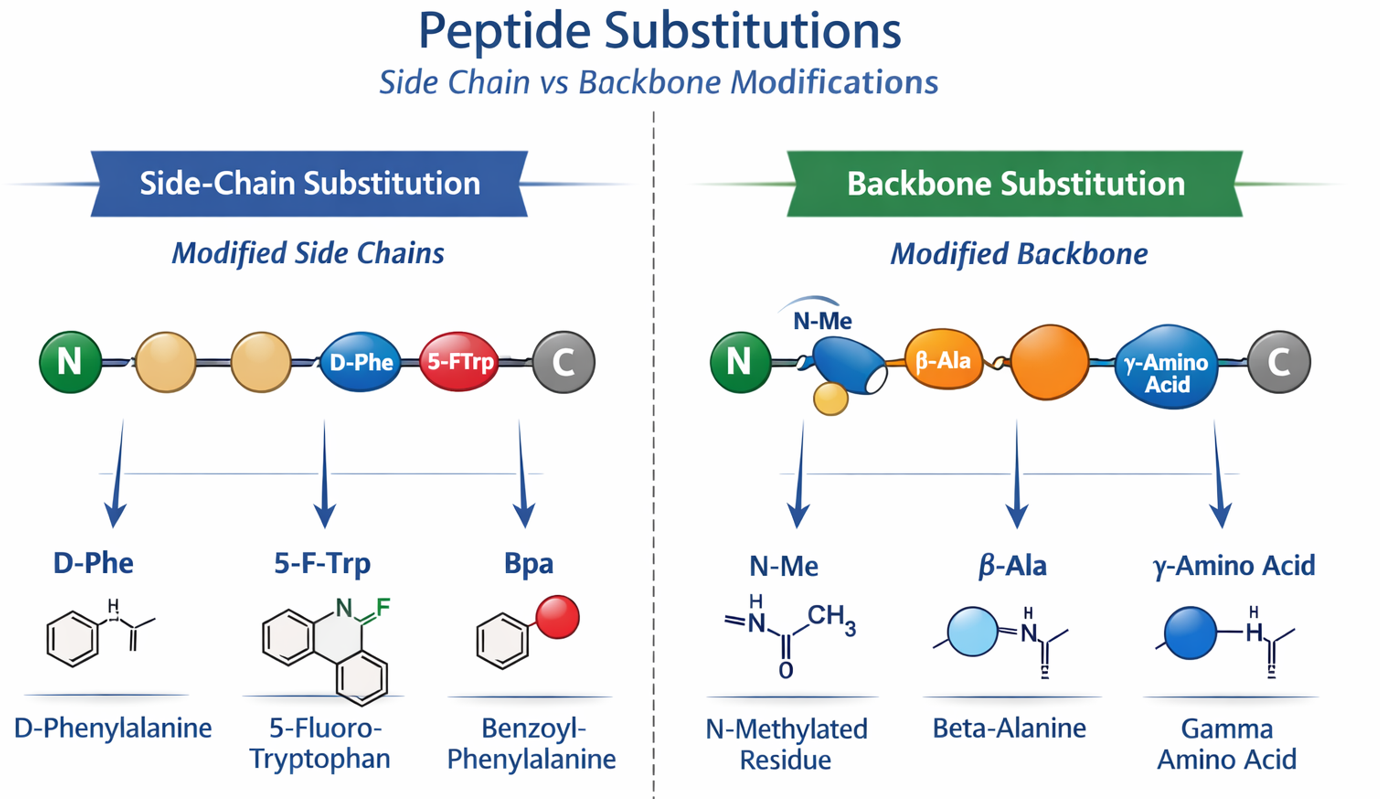 Peptide substitutions schematic: side-chain substitution vs backbone substitution